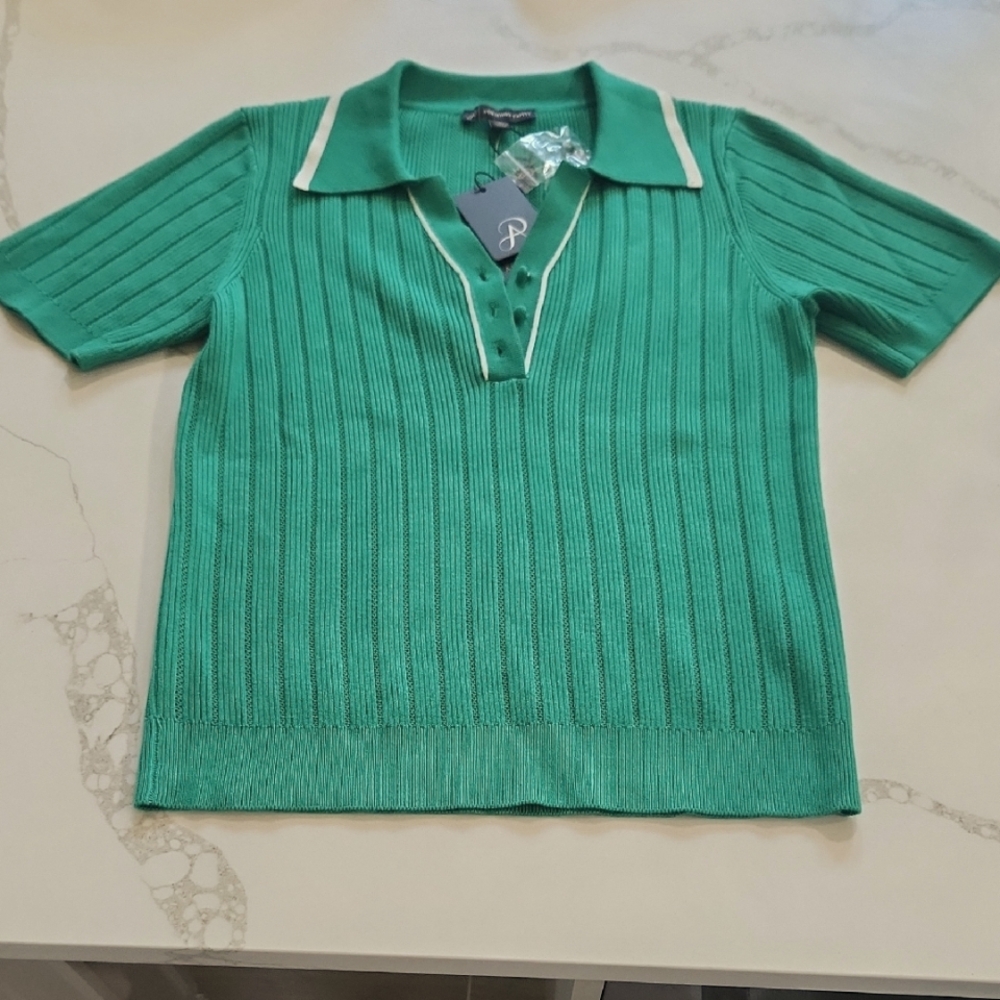 Nwt Adrianna Parell Short Sleeve Vneck Button Collared Sweater.